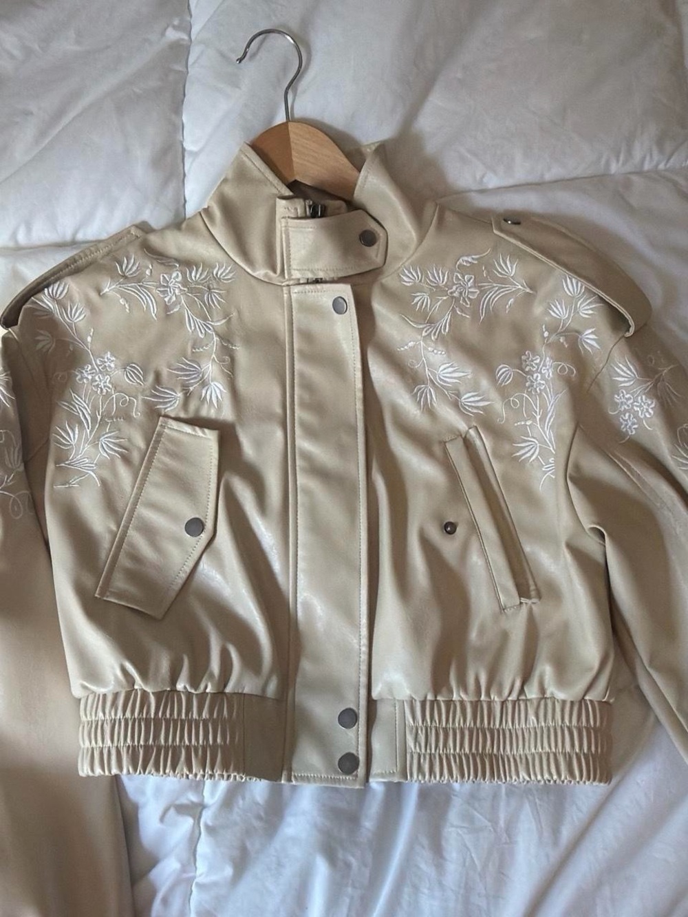 Anthropologie Beige Embroidered Cropped Bomber Jacket